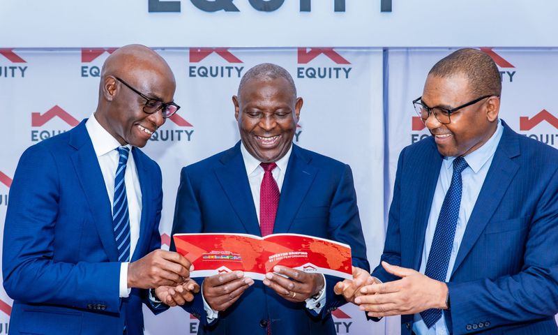 Equity Group board Chairman Dr James Mwangi with executives during the release of Q1 2025 results