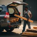 An AI-generated image of a man loading timber to a prado