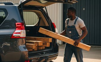 An AI-generated image of a man loading timber to a prado
