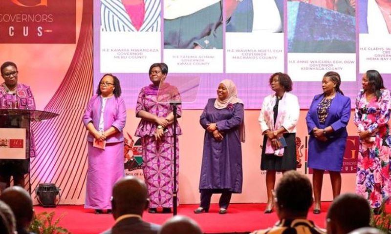 File image of Governors Kawira Mwangaza (Meru), Anne Waiguru (Kirinyaga), Gladys Wanga (Homa Bay), Fatuma Achani (Kwale), Cecily Mbarire (Embu), Wavinya Ndeti (Machakos) and Susan Kihika (Nakuru)