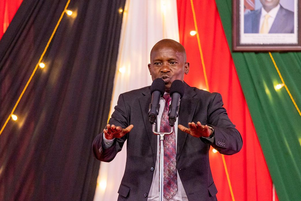 Deputy President Kithure Kindiki speaking during a meeting where he hosted Embu county residents at his official residence in Karen on January 17, 2025.