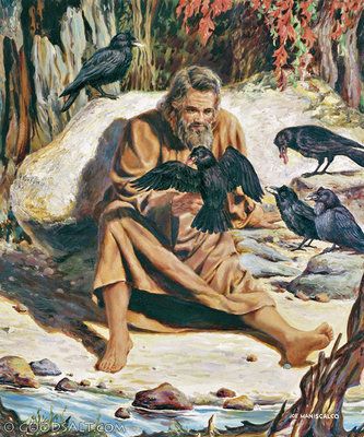 An illustration of Elijah being fed by crows