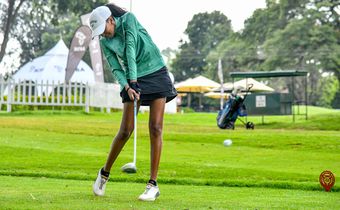Junior Golfer Wanjiku Mathu plays a tee shot during 2025 NCBA Golf Series qualifying leg at Karen Country Club