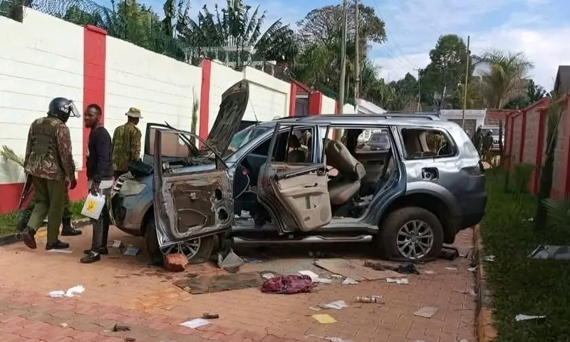 An EACC vehicle vandalised during a raid at Governor George Natembeya's home in Kitale