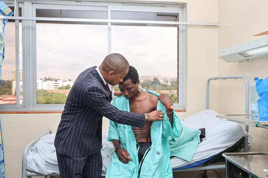 Embakasi East MP Babu Owino when he visited a protestor who was injured at the Tuesday Maandamano at the Kenyatta National Hospital