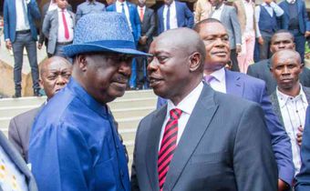 File image of ODM leader Raila Odinga chats with former DP Rigathi Gachagua at KICC, Nairobi on July 9, 2024