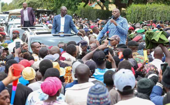 File image of President William Ruto and DP Kithure Kindiki watch as Kikuyu MP Kimani Ichung'wah addresses a crowd