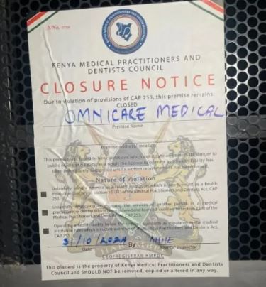 A notice by Kenya Medical Practitioners and Dentists Council closing Omnicare Clinic