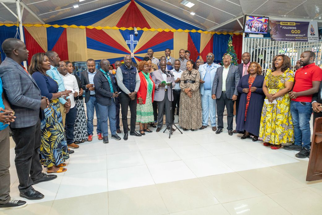 Former Deputy President Rigathi Gachagua flanked by other leaders at Presbyterian Church of East Africa, Naivasha Town Parish during the thanksgiving and farewell Service for Rev. David Nginge Mburu on Sunday, December 22, 2024