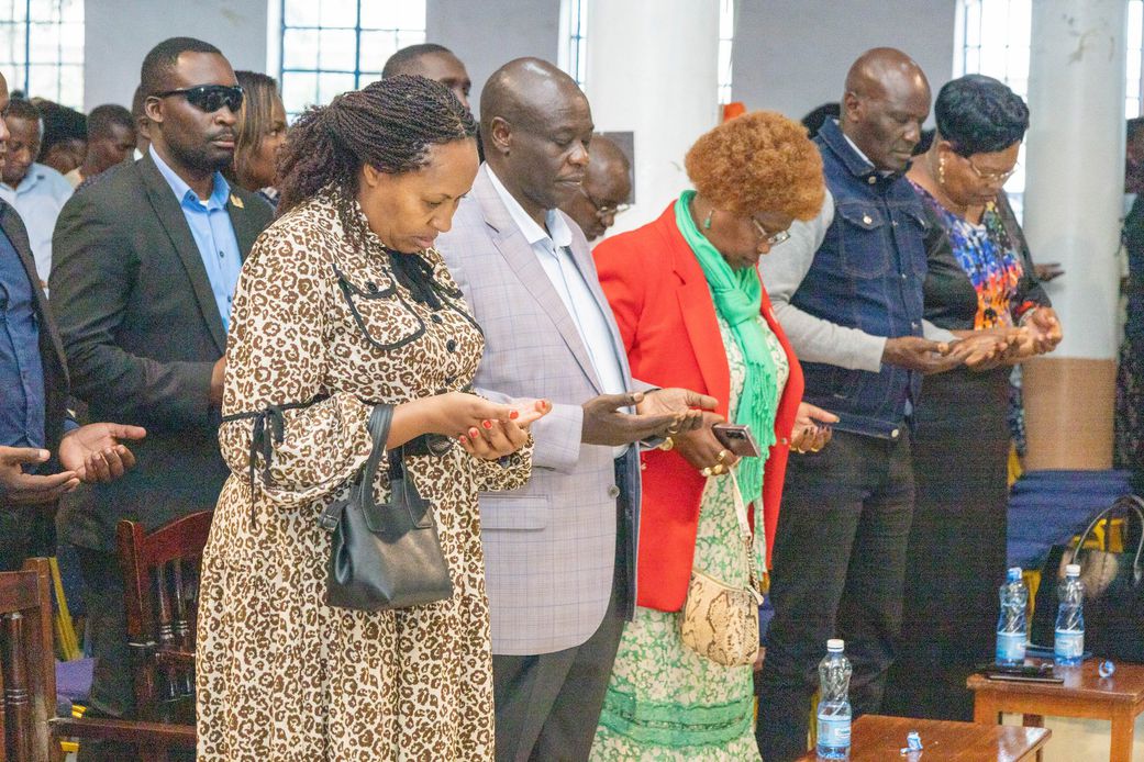 Former Deputy President Rigathi Gachagua flanked by other leaders at Presbyterian Church of East Africa, Naivasha Town Parish during the thanksgiving and farewell Service for Rev. David Nginge Mburu on Sunday, December 22, 2024