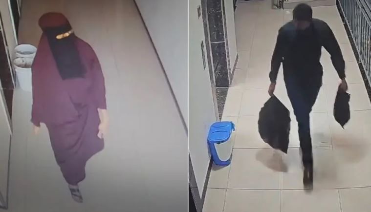 A collage image of Deko Abdinoor (L) and Hashim Dagane leaving an apartment while carrying bags believed to contain her remains