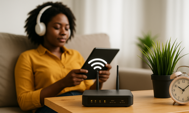 An AI-generated image of a woman using internet at home