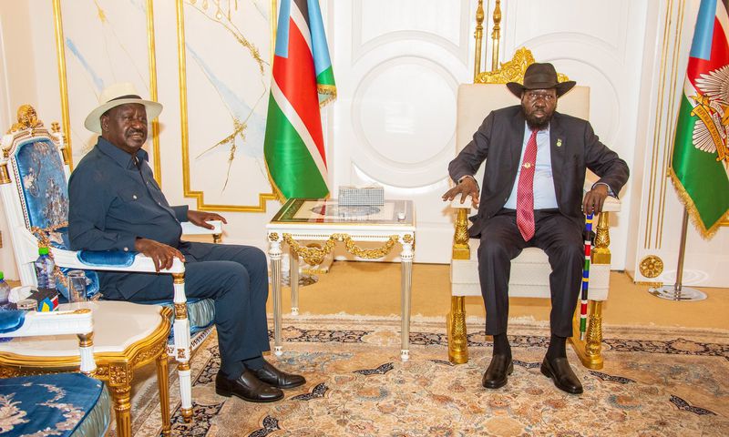 File image of former Prime Minister Raila Odinga with South Sudan's President Salva Kiir in Juba