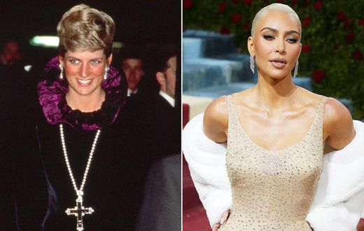 Princess Diana wearing the pendant and Kim Kardashian wearing Marilyn's gown [People]