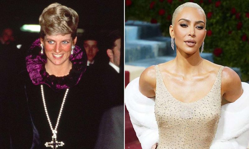 Princess Diana wearing the pendant and Kim Kardashian wearing Marilyn's gown [People]