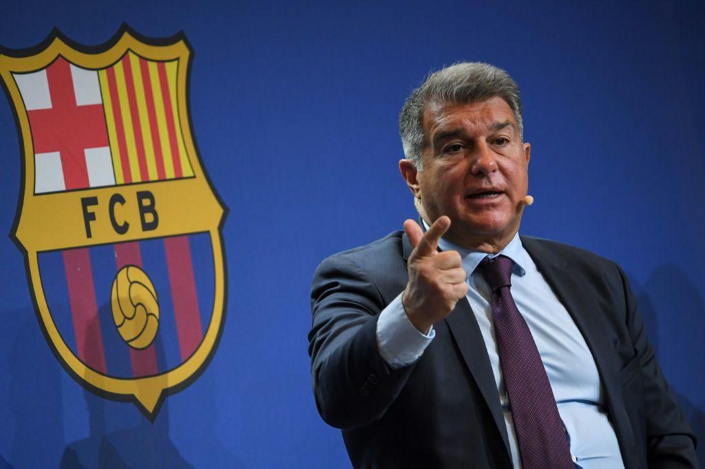 Barcelona president Joan Laporta at a press conference to present the results of a club investigation into financial mismanagement.