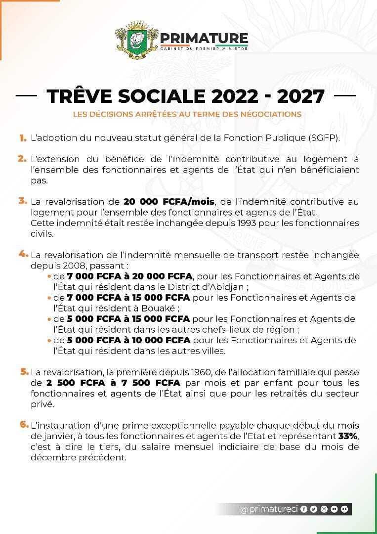 Les mesures de la trêve sociale/Primature