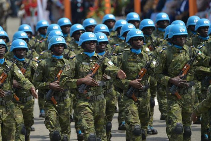 Des soldats ivoiriens de la mission de maintien de la paix de l’ONU au Mali, MINUSMA (Mission multidimensionnelle intégrée des Nations unies pour la stabilisation au Mali), le 7 août 2019 à Abidjan.