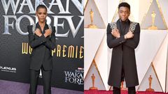 Letitia Wright at the "Black Panther 2: Wakanda Forever" premiere in Los Angeles on October 26 and Chadwick Boseman in 2018.Axelle/Bauer-Griffin/FilmMagic, Kevin Mazur/WireImage