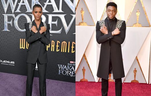 Letitia Wright at the "Black Panther 2: Wakanda Forever" premiere in Los Angeles on October 26 and Chadwick Boseman in 2018.Axelle/Bauer-Griffin/FilmMagic, Kevin Mazur/WireImage