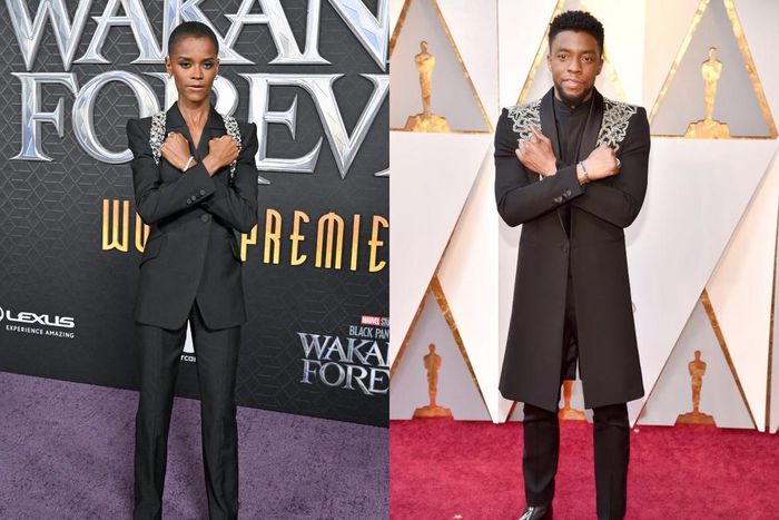 Letitia Wright at the "Black Panther 2: Wakanda Forever" premiere in Los Angeles on October 26 and Chadwick Boseman in 2018.Axelle/Bauer-Griffin/FilmMagic, Kevin Mazur/WireImage