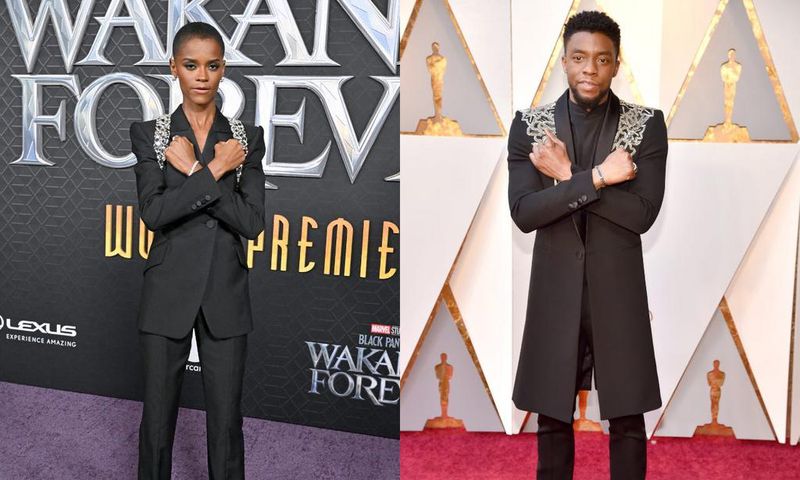 Letitia Wright at the "Black Panther 2: Wakanda Forever" premiere in Los Angeles on October 26 and Chadwick Boseman in 2018.Axelle/Bauer-Griffin/FilmMagic, Kevin Mazur/WireImage