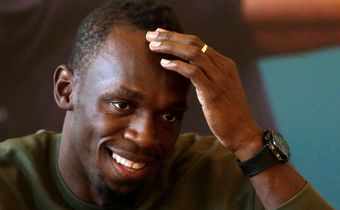Jamaican sprinter Usain Bolt reacts during a news conference before the Ostrava Golden Spike athletics meeting, in Prague, Czech Republic, May 18, 2016.