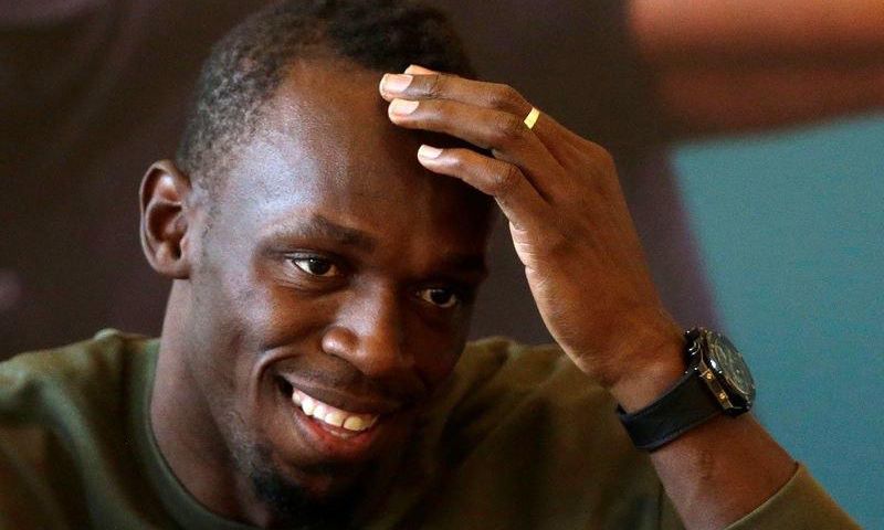 Jamaican sprinter Usain Bolt reacts during a news conference before the Ostrava Golden Spike athletics meeting, in Prague, Czech Republic, May 18, 2016.