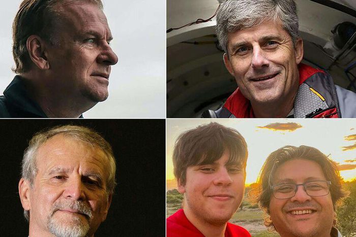 Les 5 passagers du Titan : (de gauche à droite et de haut en bas) : Hamish Harding, Stockton Rush, Paul-Henri Nargeolet, Suleman Dawood et son père Shahzada Dawood