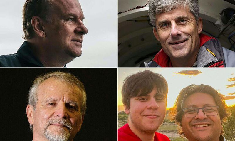 Les 5 passagers du Titan : (de gauche à droite et de haut en bas) : Hamish Harding, Stockton Rush, Paul-Henri Nargeolet, Suleman Dawood et son père Shahzada Dawood