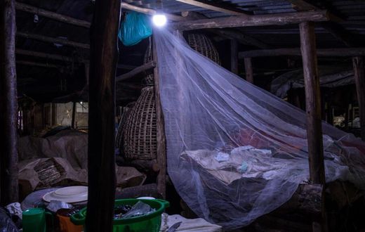 Un vendeur dort sur le marché de Kamapala, dans une moustiquaire afin de se protégéer des moustiques vecteurs du paludisme, le 3 avril 2020 Badru KATUMBA AFP/Archives