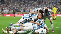 Messi's teammates piled on him when he scored Argentina's opener.Getty/Dan Mullan