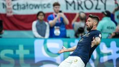 Olivier Giroud of team France celebrates after scoring first goal during the FIFA World Cup Qatar 2022 Round of 16 match between France and Poland at Al Thumama Stadium on December 4, 2022.