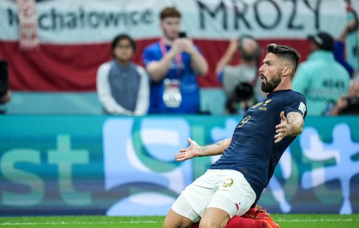 Olivier Giroud of team France celebrates after scoring first goal during the FIFA World Cup Qatar 2022 Round of 16 match between France and Poland at Al Thumama Stadium on December 4, 2022.