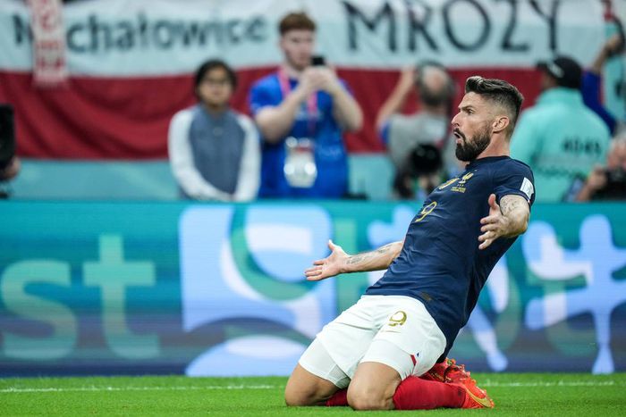 Olivier Giroud of team France celebrates after scoring first goal during the FIFA World Cup Qatar 2022 Round of 16 match between France and Poland at Al Thumama Stadium on December 4, 2022.