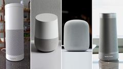 Quatre modèles d'enceintes intelligentes, de gauche à droite : Echo d'Amazon, Google Home de Google, HomePod d'Apple et Invoke de Harman Kardon, alimenté par le logiciel de reconnaissance vocale Cortana de Microsoft. (Reuters/Peter Hobson, Reuters/Beck...