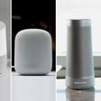 Quatre modèles d'enceintes intelligentes, de gauche à droite : Echo d'Amazon, Google Home de Google, HomePod d'Apple et Invoke de Harman Kardon, alimenté par le logiciel de reconnaissance vocale Cortana de Microsoft. (Reuters/Peter Hobson, Reuters/Beck...