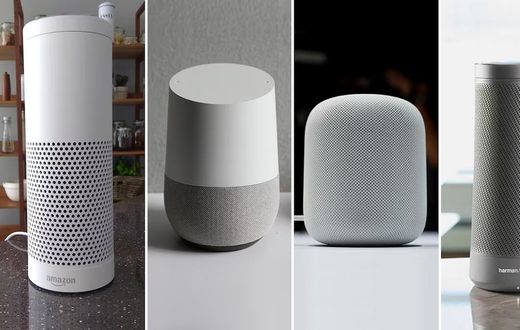 Quatre modèles d'enceintes intelligentes, de gauche à droite : Echo d'Amazon, Google Home de Google, HomePod d'Apple et Invoke de Harman Kardon, alimenté par le logiciel de reconnaissance vocale Cortana de Microsoft. (Reuters/Peter Hobson, Reuters/Beck...