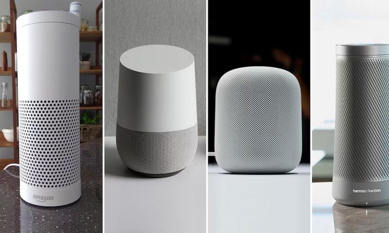 Quatre modèles d'enceintes intelligentes, de gauche à droite : Echo d'Amazon, Google Home de Google, HomePod d'Apple et Invoke de Harman Kardon, alimenté par le logiciel de reconnaissance vocale Cortana de Microsoft. (Reuters/Peter Hobson, Reuters/Beck...