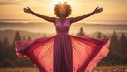 Une femme debout face au lever du soleil, les bras ouverts symbole de renaissance et d’espoir.