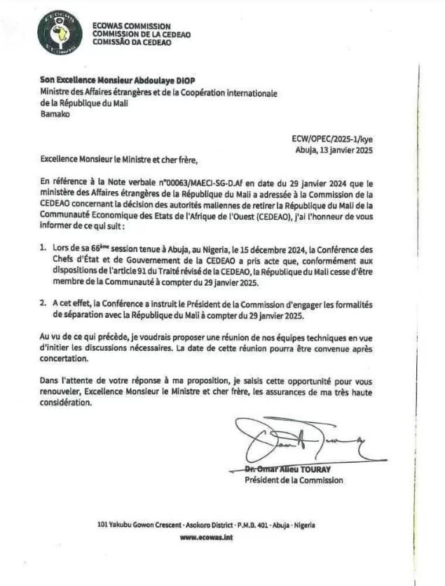 Le Mali officialise son retrait de la CEDEAO avec une séparation encadrée