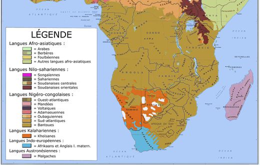 Carte d'Afrique avec quelques langues parlés sur le continent