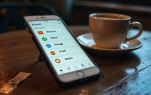 Smartphone avec des icônes de paiement Djamo, Wave, Orange, Push, MTN, MOOV