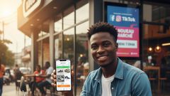 Un jeune entrepreneur sur sa moto présentant sa plateforme de vente en ligne.