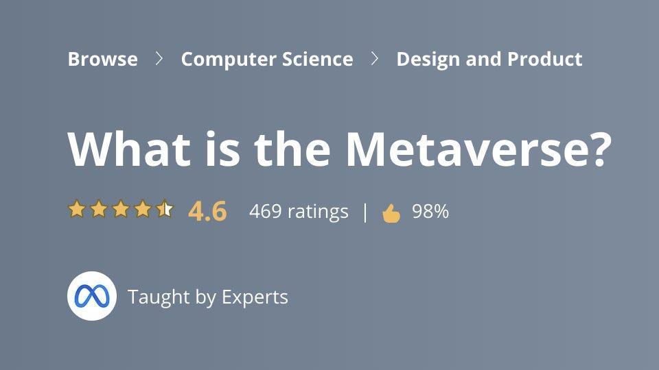 Offered by: MetaRating: 4.6/5Length: 10 hoursClass description: This course covers the metaverse and how it interacts with the world around us. It also addresses the professional and business opportunities that come with the metaverse and is taught by ...