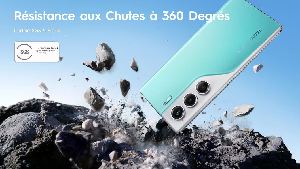 TECNO CAMON 40, résistance structurelle globale du téléphone mobile améliorée de 20 %. Il supporte les chutes, ce qui prolonge ainsi sa durée de vie.