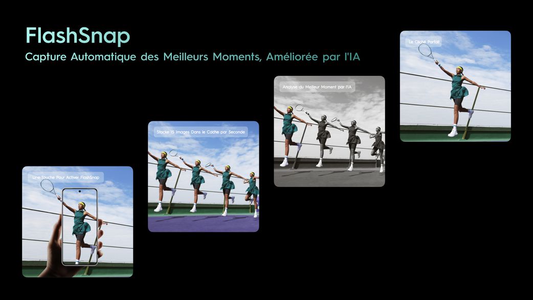 Mode FlashSnap activé, l'appareil photo stocke 15 images dans le cache par seconde et sélectionne intelligemment la meilleure photo grâce à des algorithmes d'IA avancés.