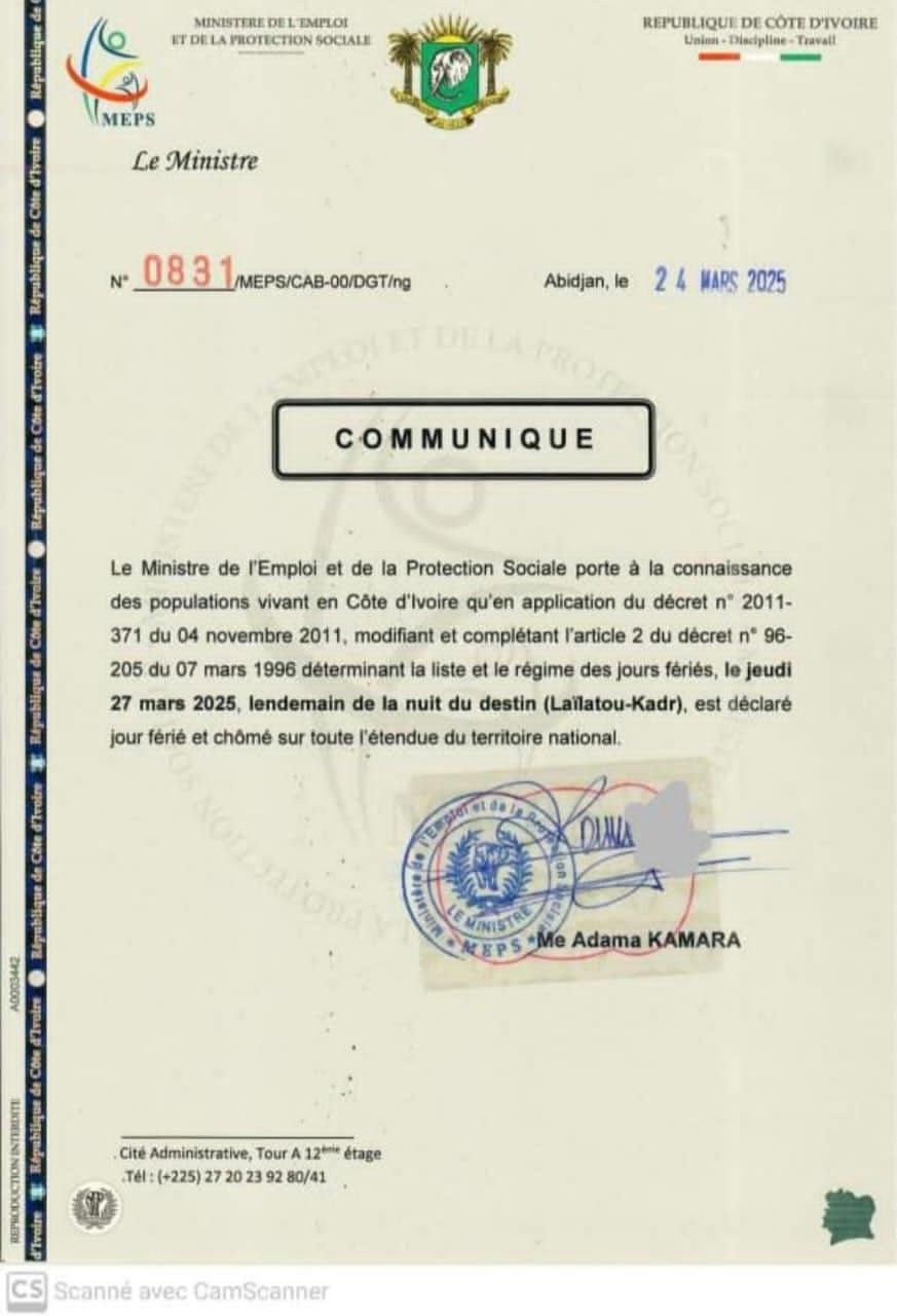 Jeudi 27 mars 2025 déclaré jour férié en Côte d'Ivoire pour la Nuit du Destin