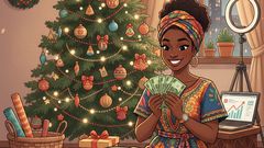 Une femme qui compte de l'argent devant  son sapin de Noël