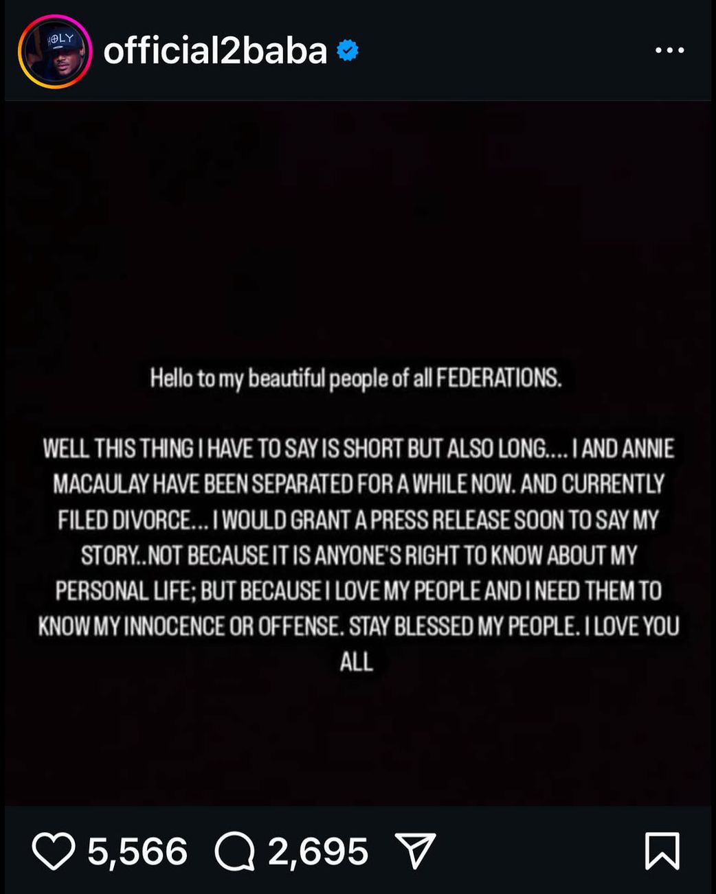 2Baba annonce sa séparation avec Annie Macaulay-Idibia dans une story Instagram